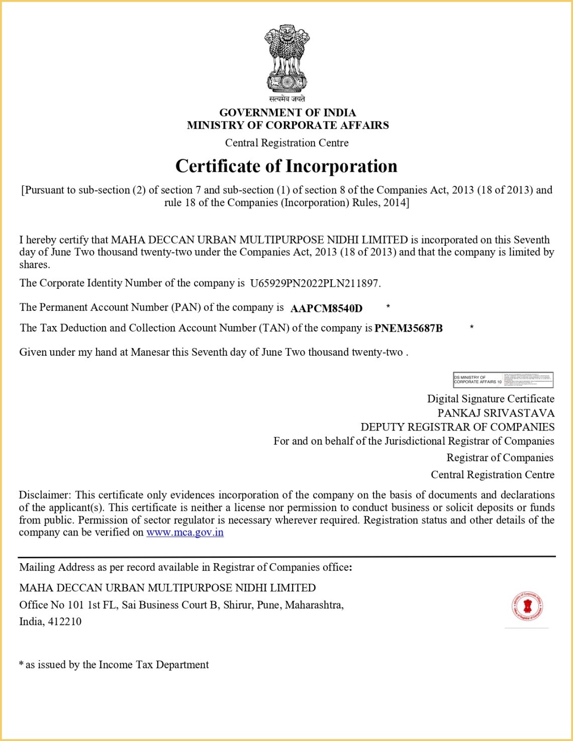 Maha Deccan Urban Multipurpose Nidhi Limited Certificate of Incorporation